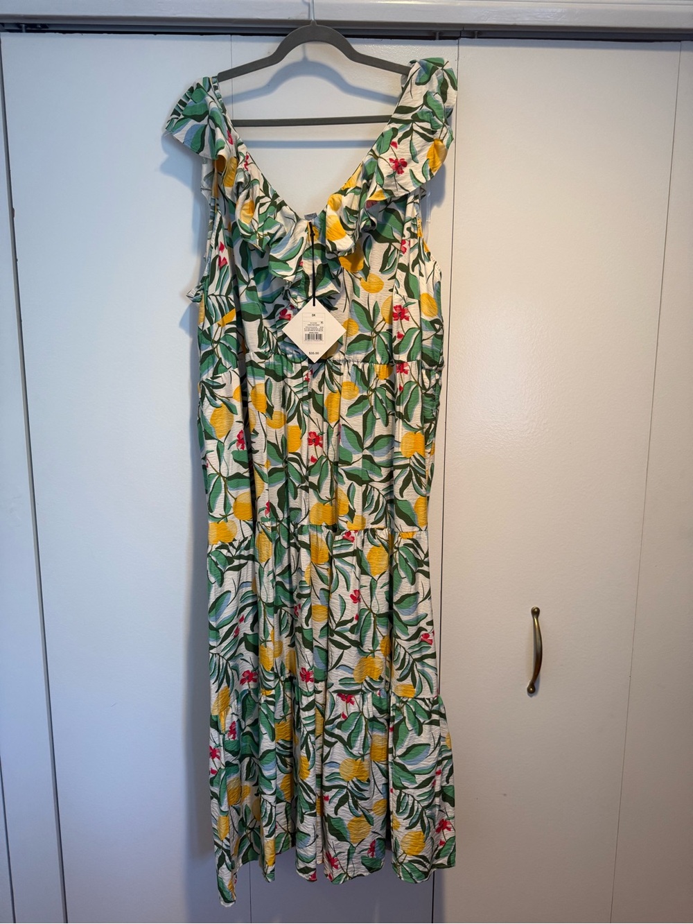 NWT Floral Lemon Print Ruffle Maxi Dress - Green/Yellow/White/Red 3x